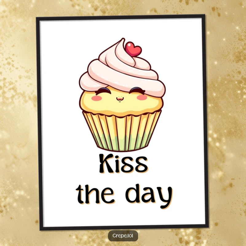 Funny poster featuring a cheerful cupcake with detailed frosting, playfully blowing a kiss with a happy, sweet expression.