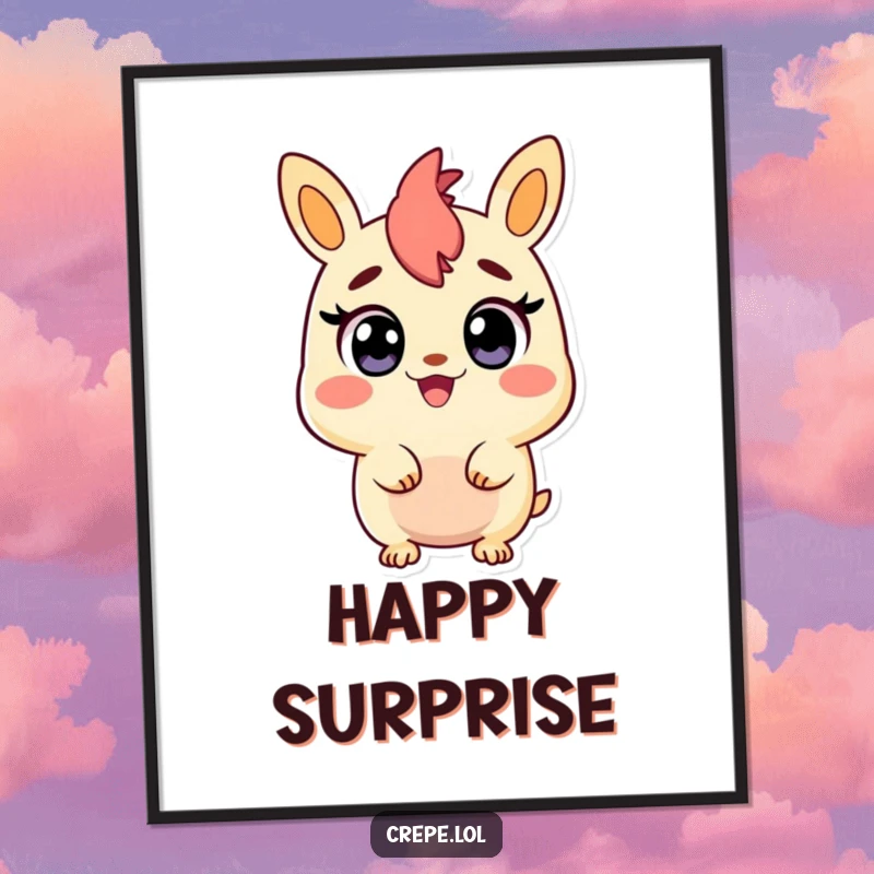 Funny poster of a churro character with wide, ecstatic eyes, expressing a delightful and happy surprise.