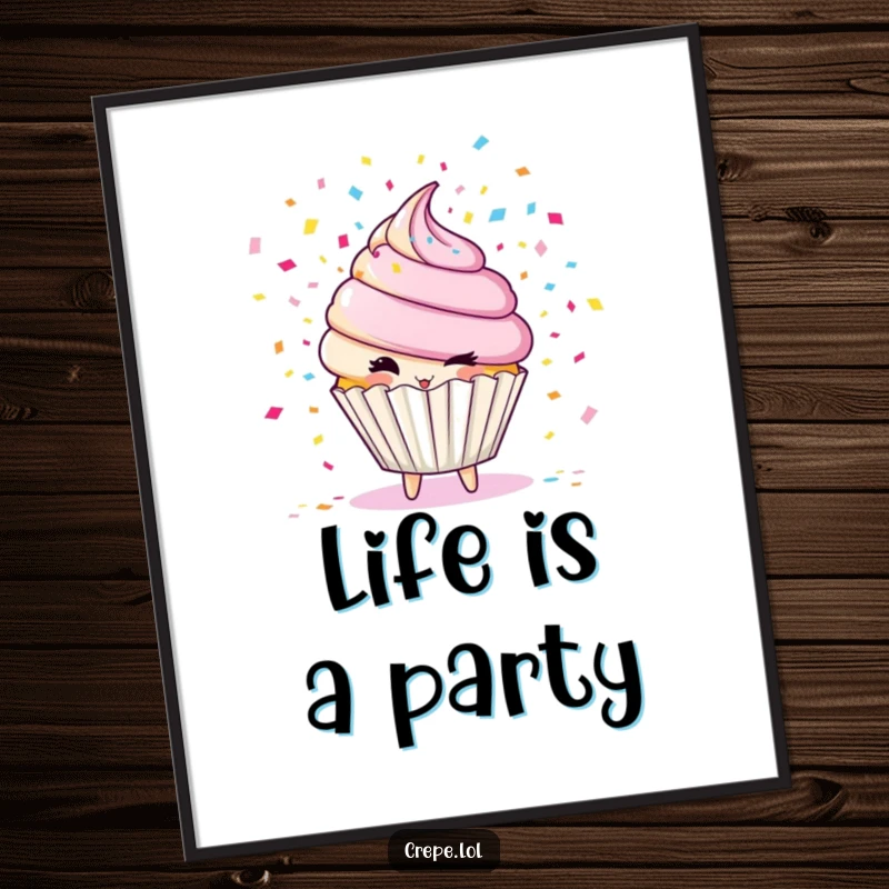 Funny cupcake character poster, winking and releasing colorful confetti, creating festive and humorous wall art.