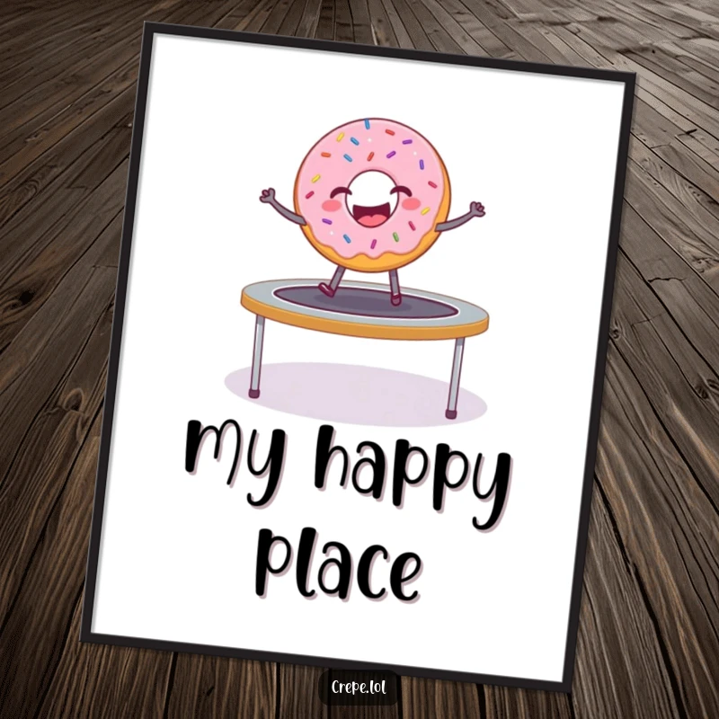 Funny donut with sprinkles mid-air on a trampoline, a humorous art print for walls.