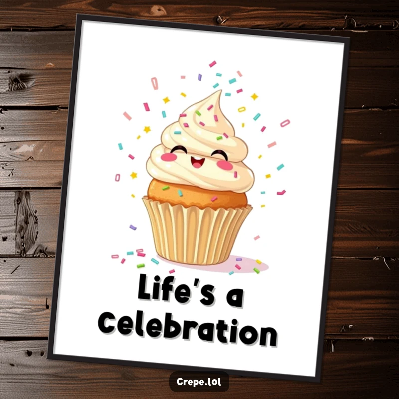 Funny poster displaying a gleeful cupcake joyfully expelling a burst of confetti, a celebration of happiness.