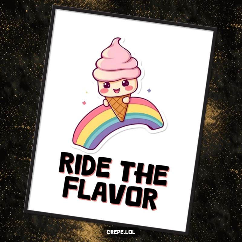 Funny poster of an ice cream cone character sliding down a dazzling rainbow, capturing a moment of pure delight.