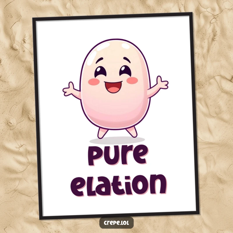 Funny jellybean mid-jump, laughing with wide eyes, a joyful art print for any wall.