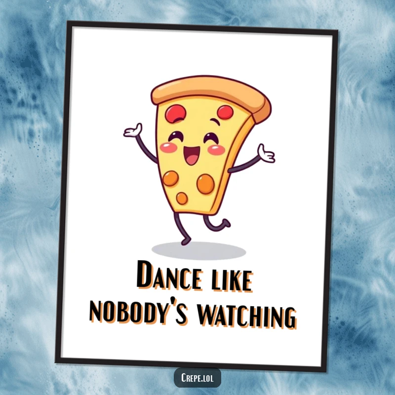 Funny pizza slice character poster, captured in a moment of ecstatic dance, adding wall art joy.