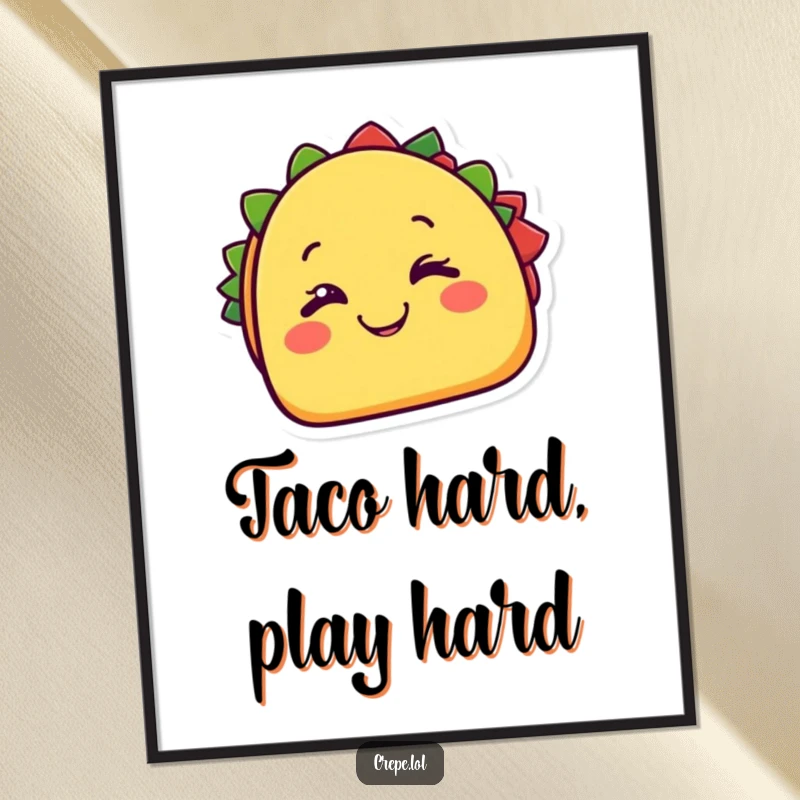 Funny taco poster showing a cheerful taco character happily winking with a cheesy grin. Deliciously fun wall art. Gift.