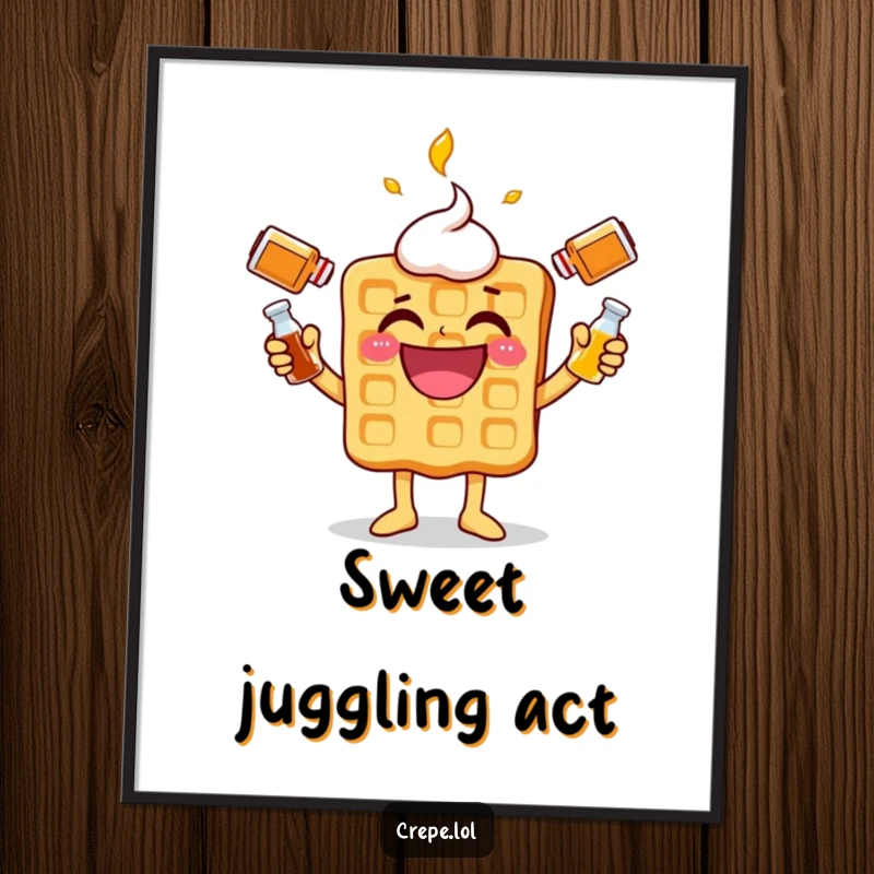 Funny waffle character poster, gleefully juggling syrup bottles, adding breakfast humor to wall art.