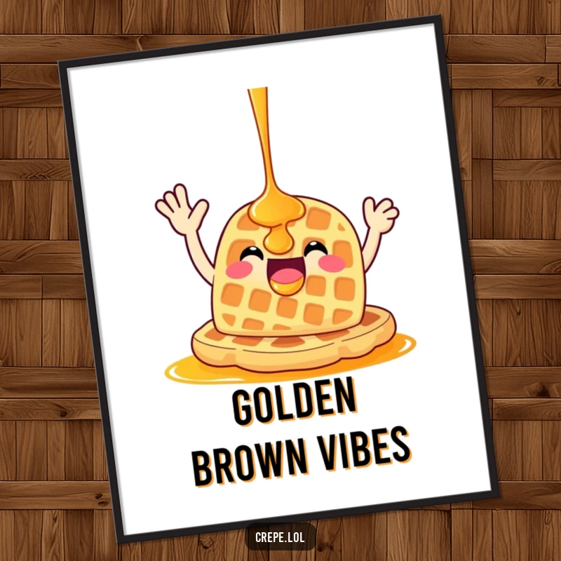 Funny happy waffle dripping with syrup, waving enthusiastically, creating a warm and humorous piece of wall art.