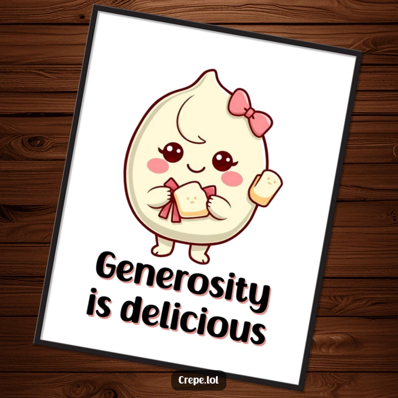 Funny poster art of a smiling crepe character offering a piece of itself with a bow, inspiring generosity and smiles.