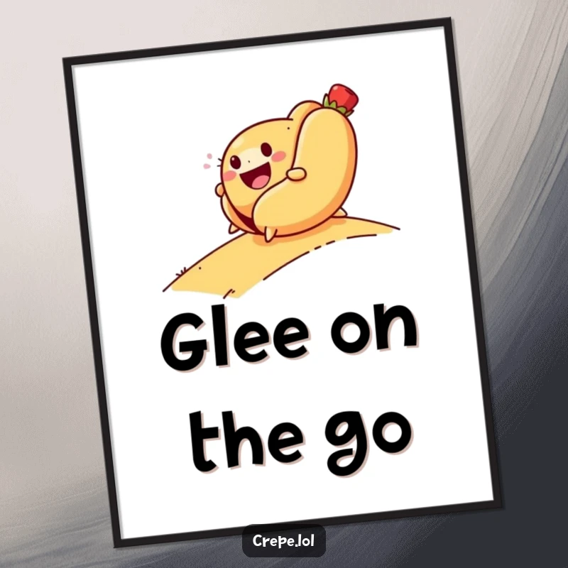 Funny poster of a smiling hot dog rolling down a hill with glee, adding a humorous and adventurous touch to decor.