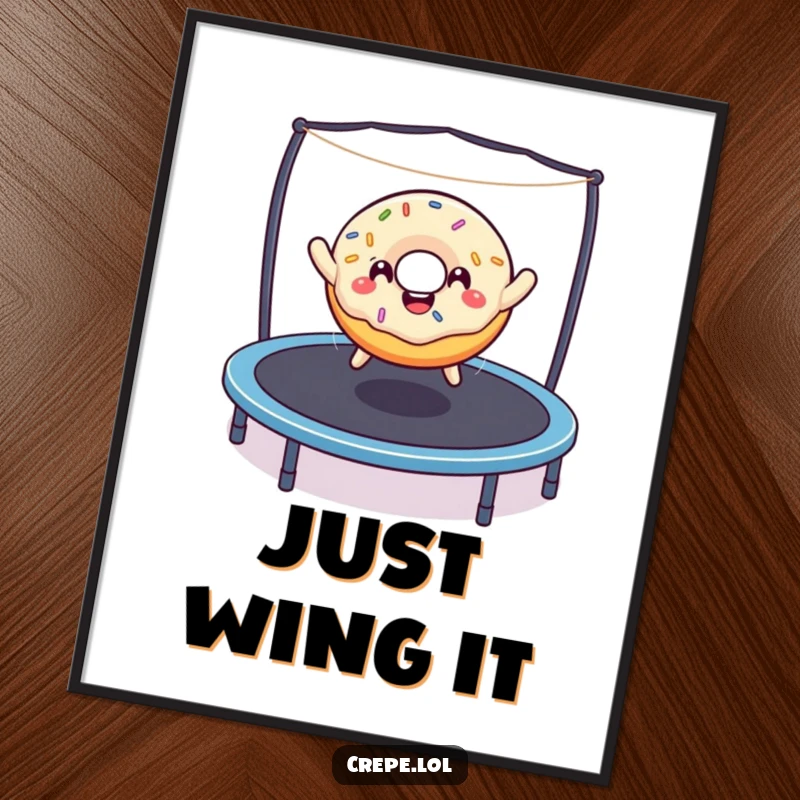 Funny donut with sprinkles in mid-air on a trampoline, creating a vibrant and humorous piece of wall art.