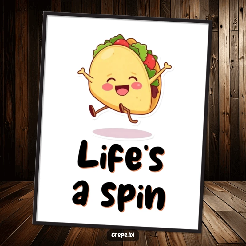 Funny poster featuring a smiling taco with legs performing a dynamic cartwheel, adding a burst of joy and color.