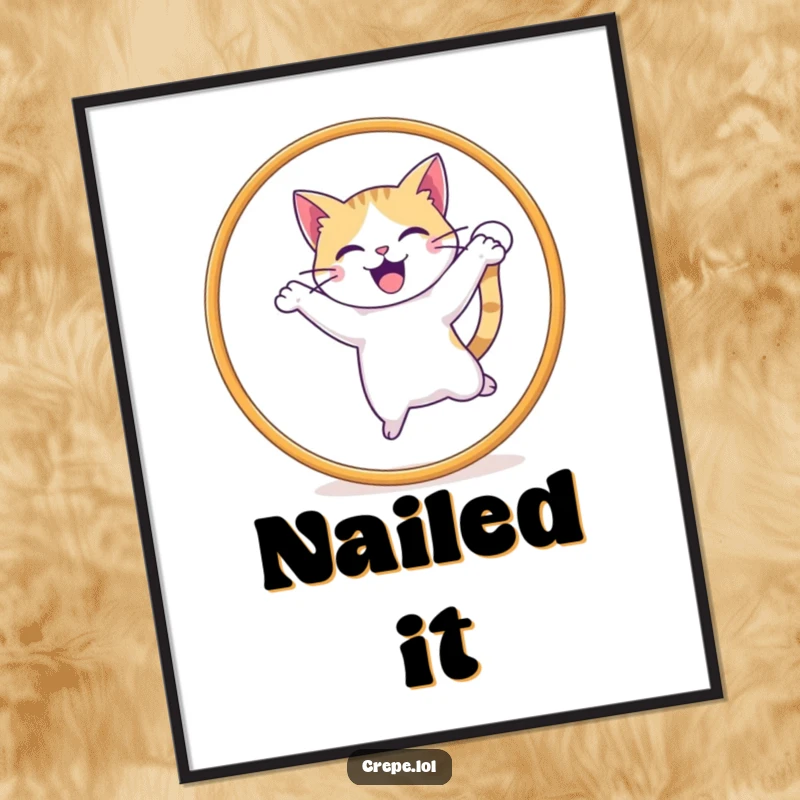 Funny poster print of a happy, energetic cat with a wagging tail mid-air, jumping through a hoop, perfect pet art.