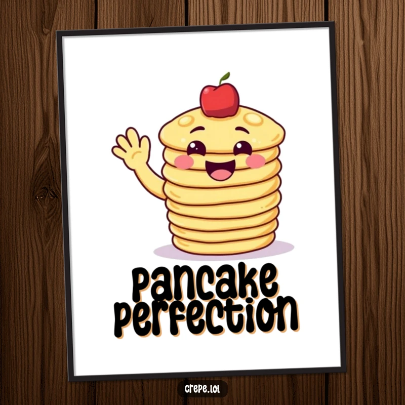 Funny pancake poster with a grinning stack of pancakes waving cheerfully, adding happy vibes to decor.