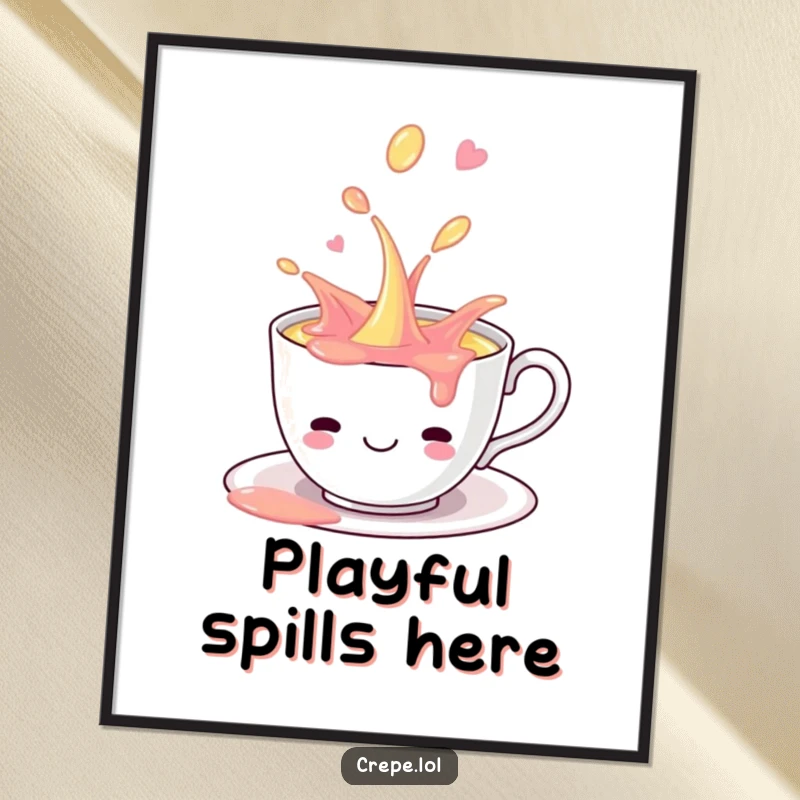 Funny smiling teacup playfully spilling sweet, colorful liquid, creating a vibrant and humorous piece of wall art.