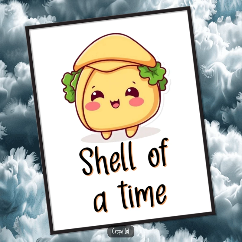 Funny taco hat tip poster depicting a smiling taco tipping its shell like a hat, perfect for adding festive, humorous food-themed art.