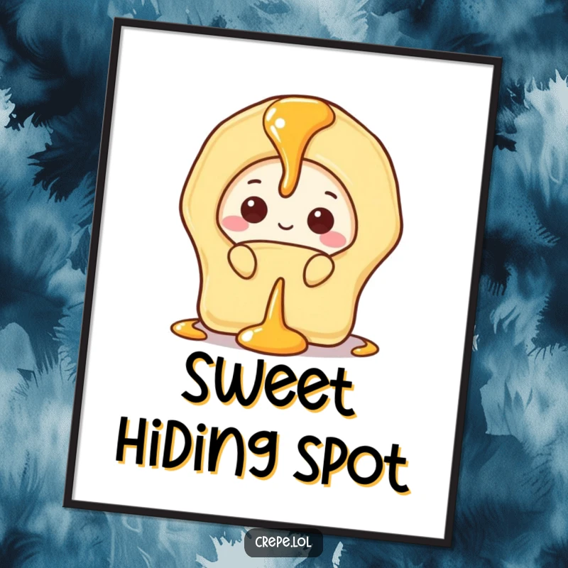 Funny poster print of a shy banana crepe cautiously peeking from behind a glistening drizzle of golden syrup.