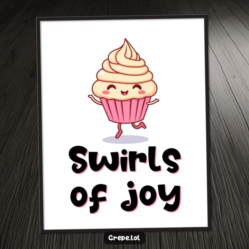 Funny cupcake character poster, giggling and hopping with swirling frosting, adding sweet humor to walls.