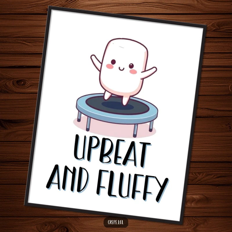Funny smiling marshmallow character poster bouncing on a trampoline, a cheerful and whimsical wall decor.