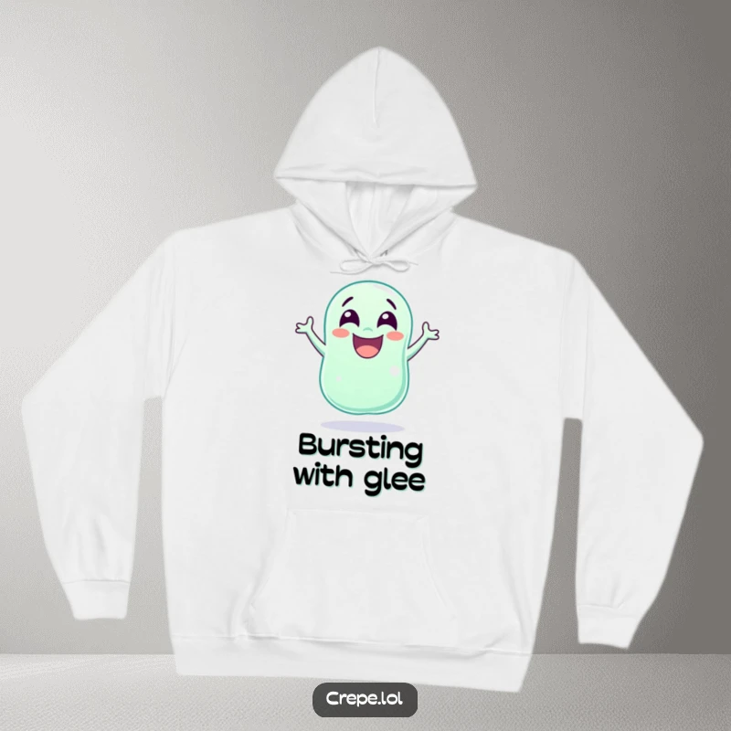Funny wide-eyed jellybean leaping with joy, illustrated on a soft and comfortable hoodie for candy lovers.