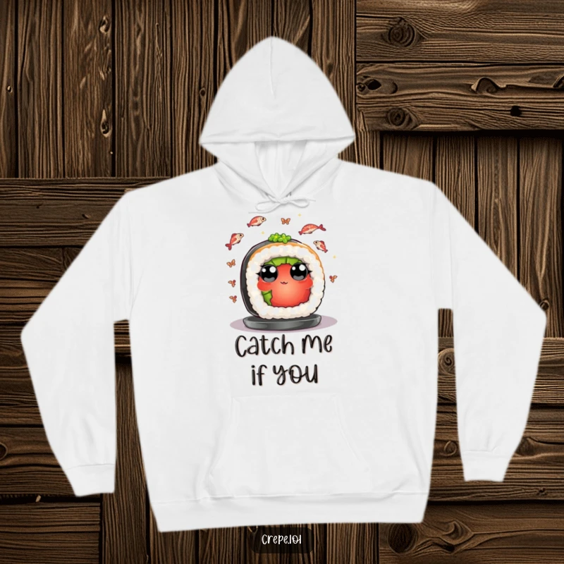 Funny hoodie with a sushi piece juggling fish, offering warmth and a cheerful, humorous design.