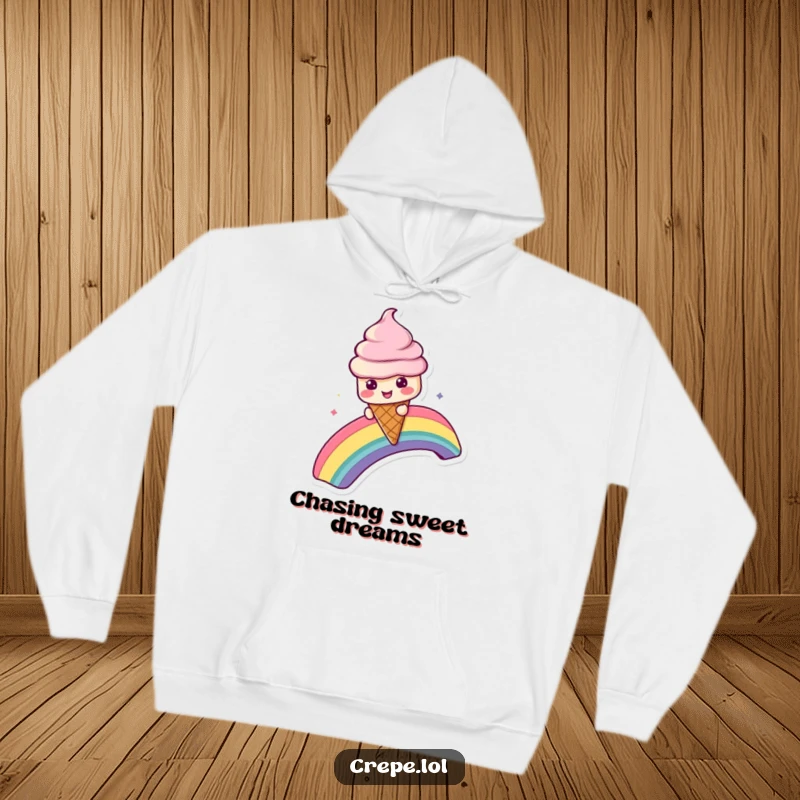 Funny hoodie showcasing an ice cream cone character sliding gleefully down a colorful rainbow, pure fun.