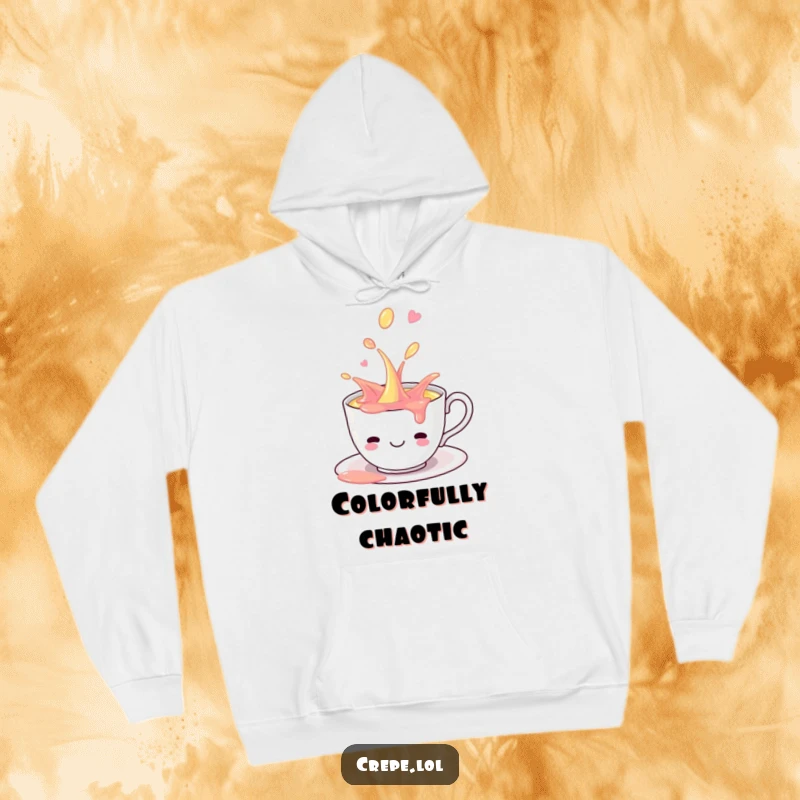 Funny smiling teacup playfully spilling colorful liquid, illustrated on a soft and comfortable hoodie.