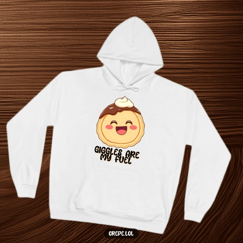 Funny hoodie featuring a very happy chocolate crepe with a wide mouth giggling, playfully covered in frosting.