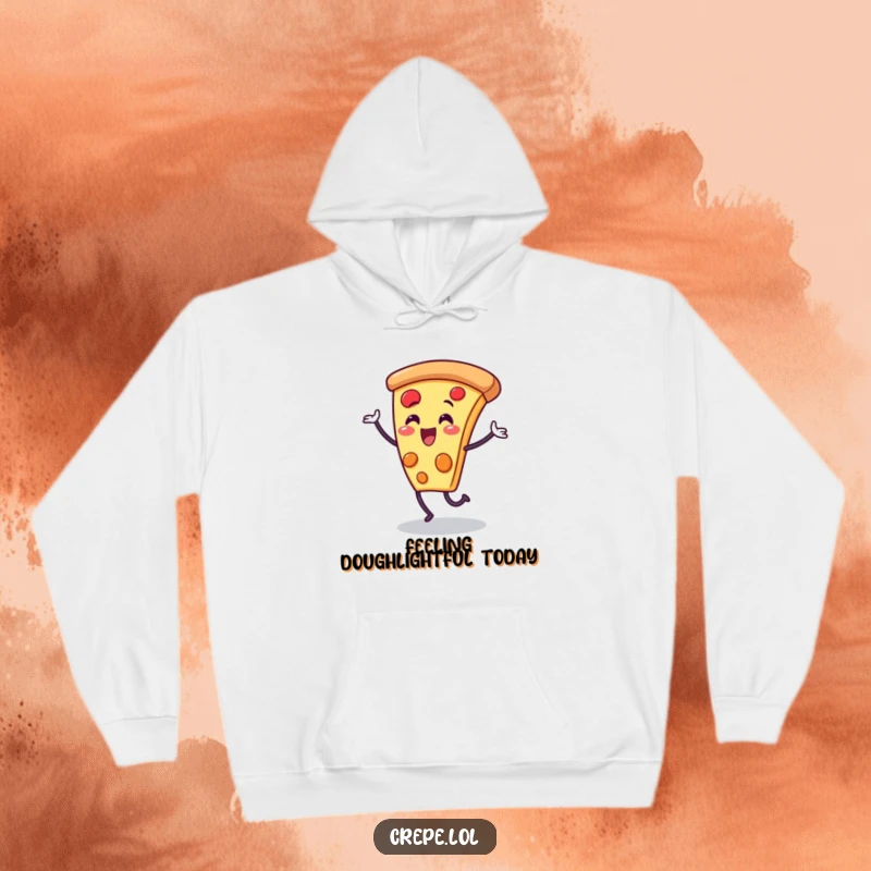 Funny pizza slice character hoodie, caught in a joyful dance, offering warmth and a dose of humor.