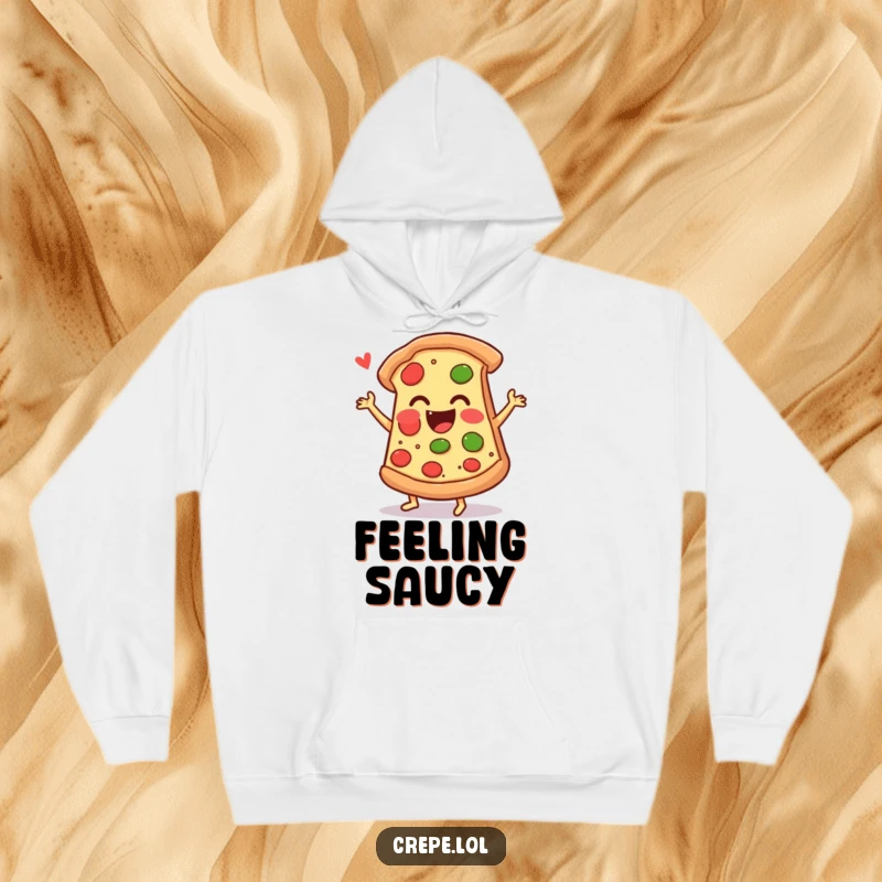 Funny pizza hoodie featuring a cheerfully dancing slice of pizza, perfect for cozy, humorous wear.