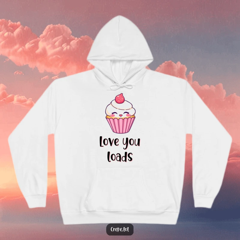 Funny smiling cupcake character hoodie blowing a kiss, a warm and sweet-themed apparel choice.