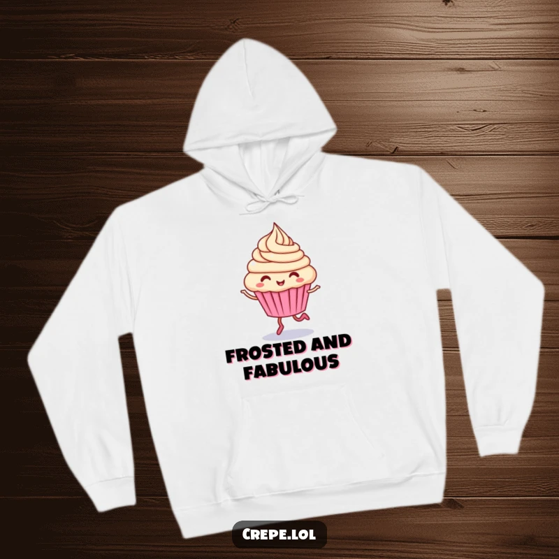 Funny cupcake character hoodie, giggling and hopping with frosting swirling, cozy and cheerful.