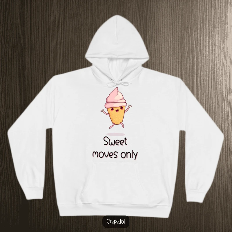 Funny ice cream cone with legs doing a silly dance, featured on a warm hoodie.