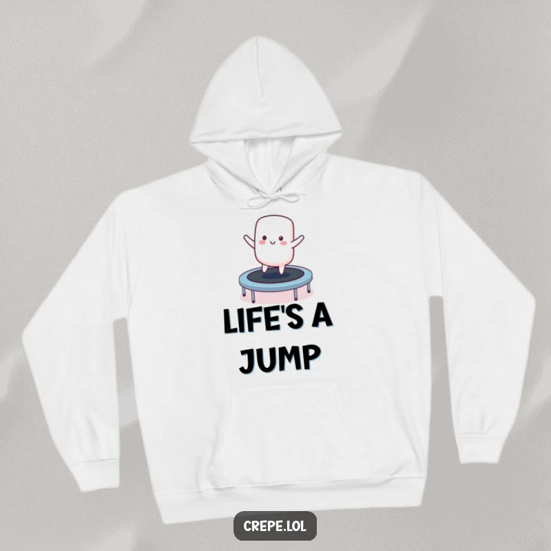 Funny smiling marshmallow character hoodie bouncing on a trampoline, a warm and humorous apparel choice.