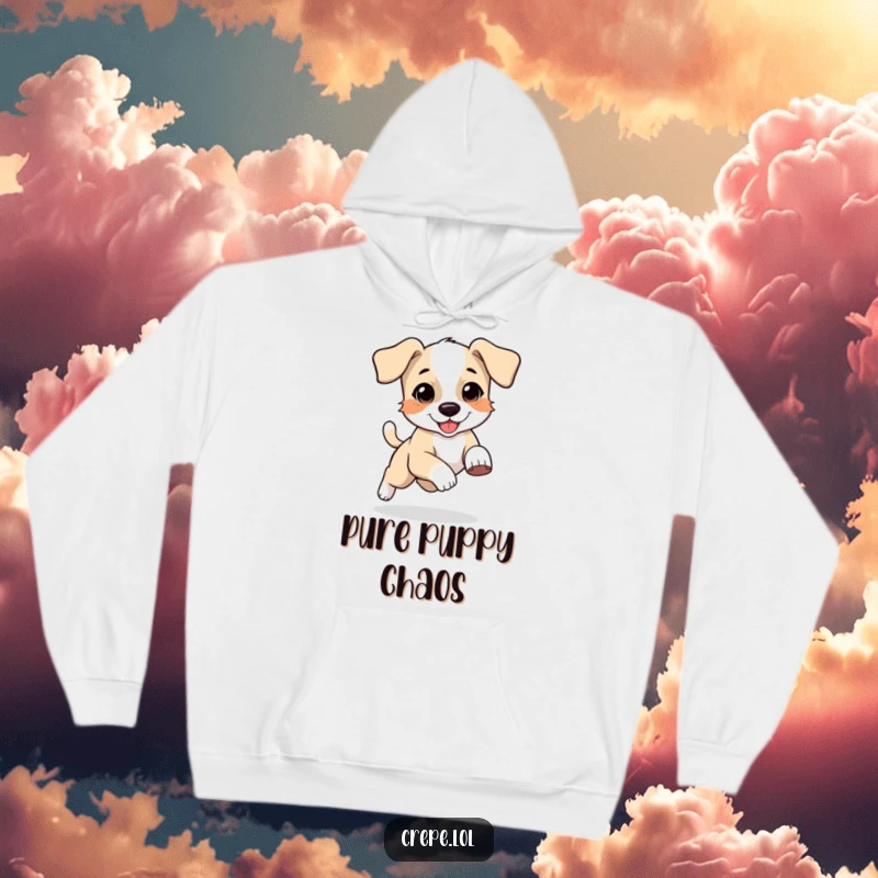 Funny hoodie featuring a bouncing puppy with floppy ears hilariously chasing its tail, offering cozy, playful humor.