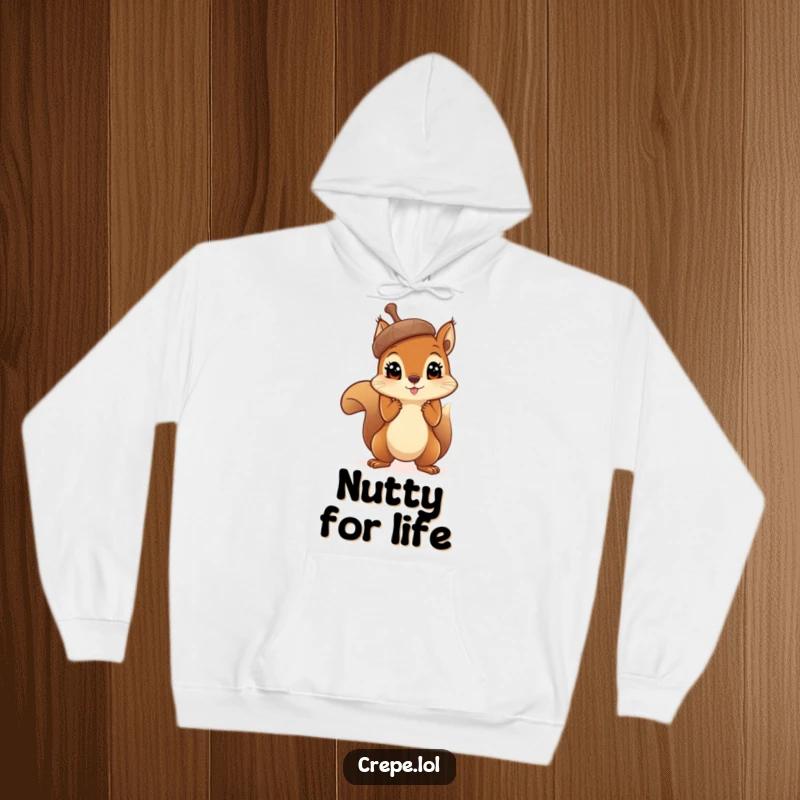 Funny squirrel with big eyes proudly holding a massive acorn aloft, a cozy and humorous design on a warm hoodie.