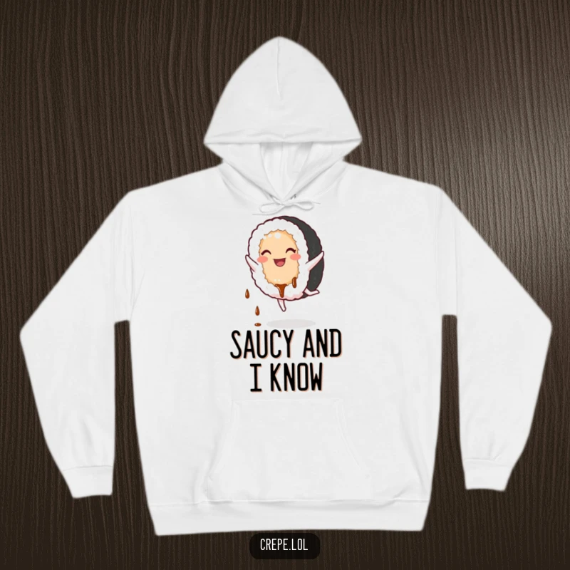 Funny Sushi Hoodie: A smiling sushi roll doing a cartwheel, designed for cozy, comical enjoyment.