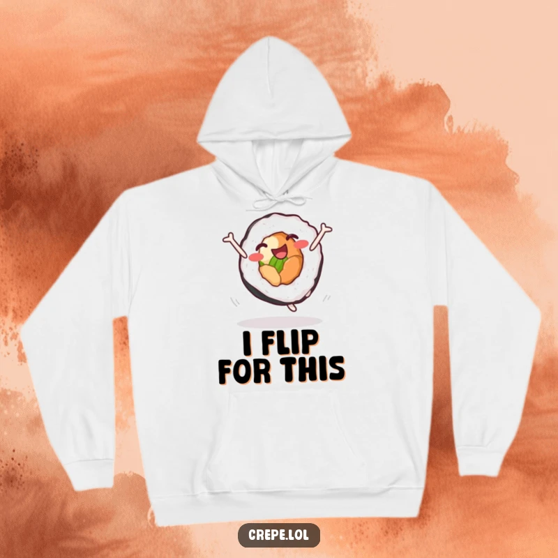 Funny sushi roll hoodie featuring a happy character doing a cartwheel, offering comfort and a humorous touch for chilly days.