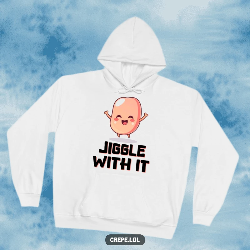 Funny hoodie depicting a cheerful, wobbly jelly bean in the process of a joyful bounce, radiating pure, sugary delight.