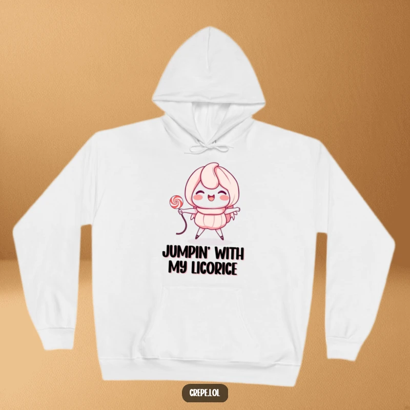 Funny hoodie with a grinning crepe character enthusiastically jumping rope using a licorice string, radiating pure fun.