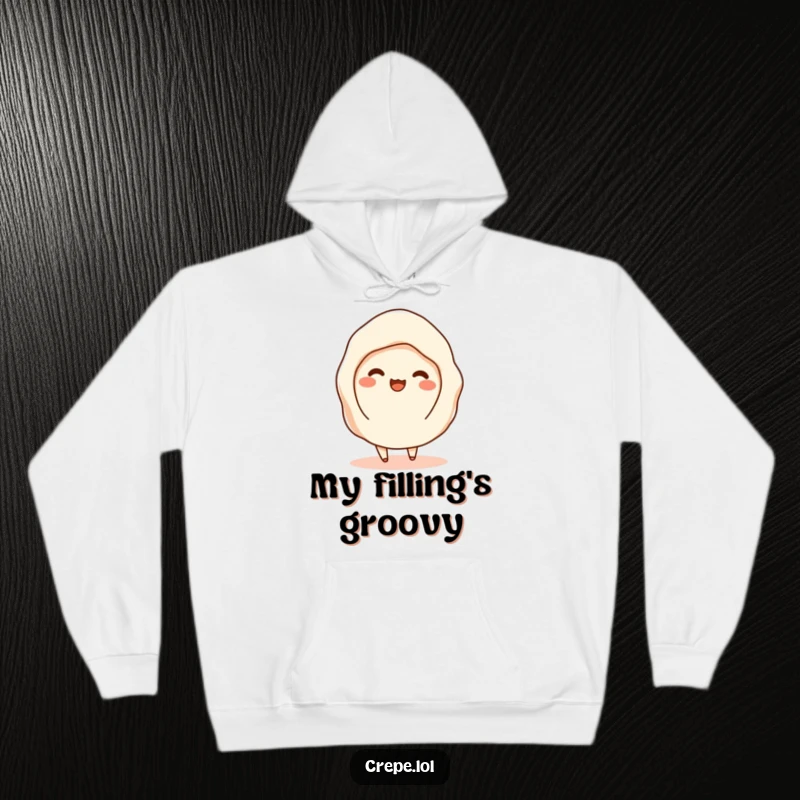 Funny hoodie depicting a flat crepe with filling showing, shimmying happily, conveying pure culinary joy.