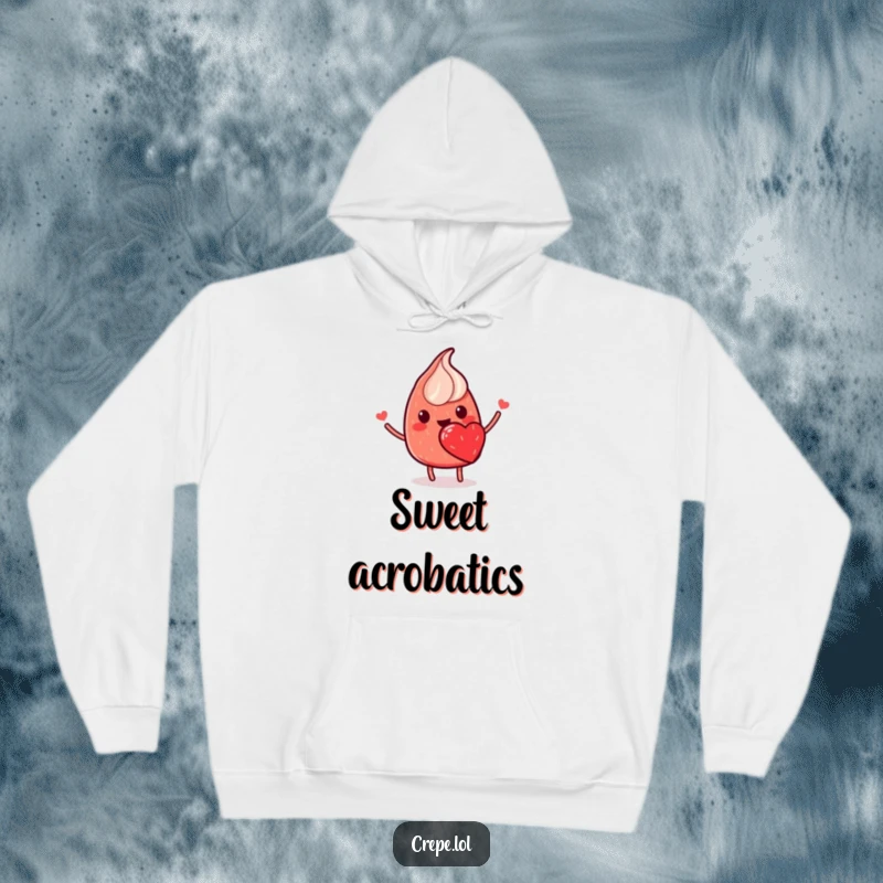 Funny hoodie depicting a smiling red crepe with a strawberry heart, performing a cheerful flip, embodying sweet comfort.