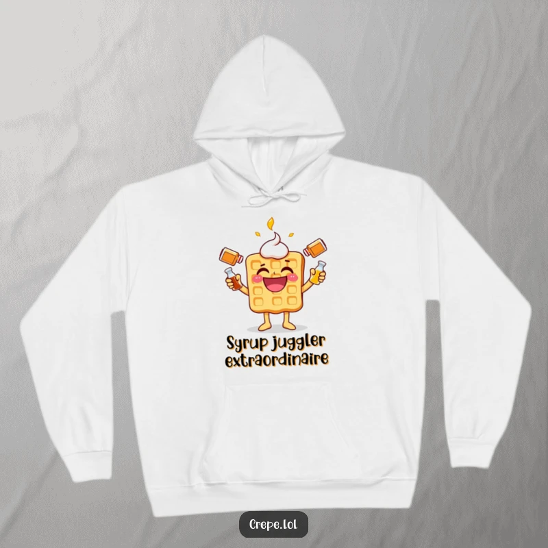 Funny waffle character hoodie, juggling syrup bottles with a wide grin, ideal for cozy humor lovers.