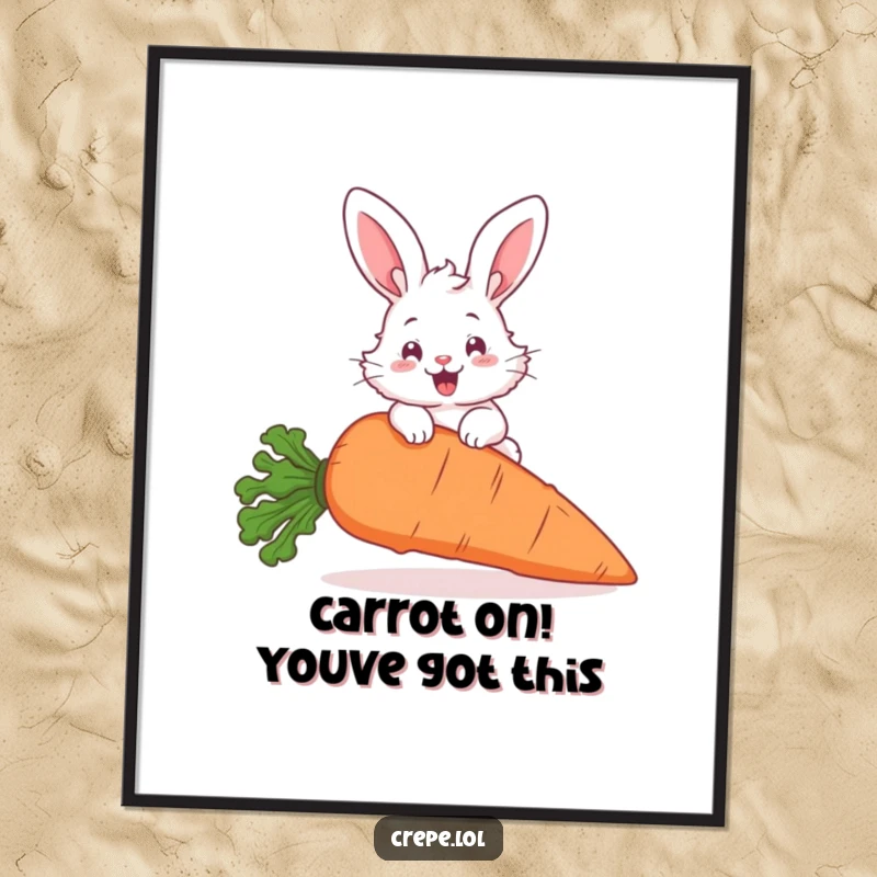 Funny Free Printable Wall Art: A fluffy bunny with large ears energetically leaping over a giant carrot, a scene of pure joy.