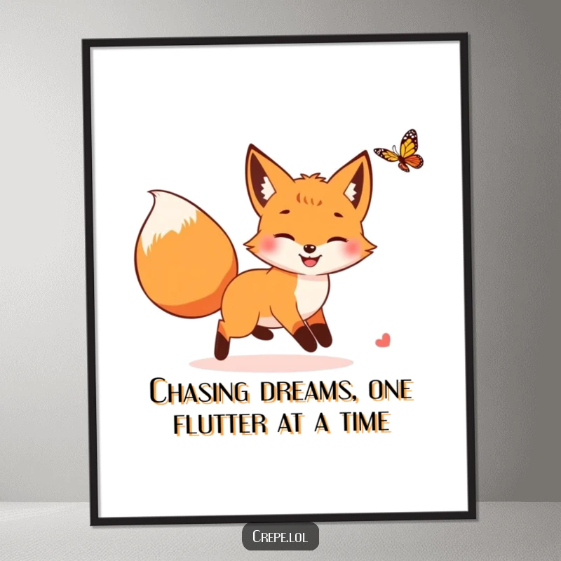 Funny Free Printable Wall Art: A smiling fox with a bushy tail playfully chasing a fluttering butterfly amidst greenery.
