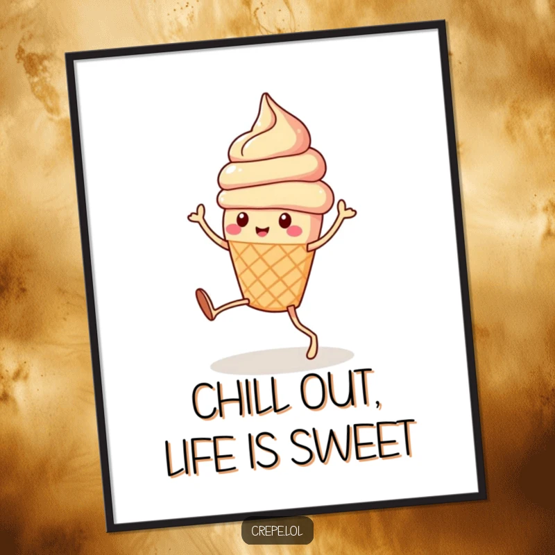 Funny Free Printable Ice Cream Wall Art: A cute ice cream cone with legs performs a silly, energetic dance.