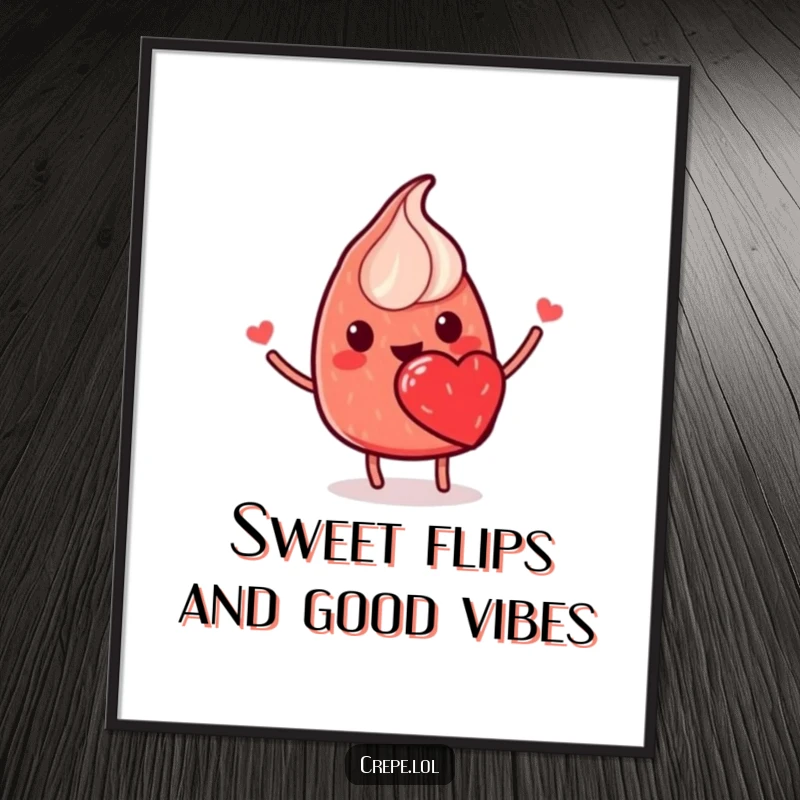 Funny Free Printable Wall Art: A smiling red crepe with a strawberry heart executes a perfect flip, bringing delicious fun to your decor.