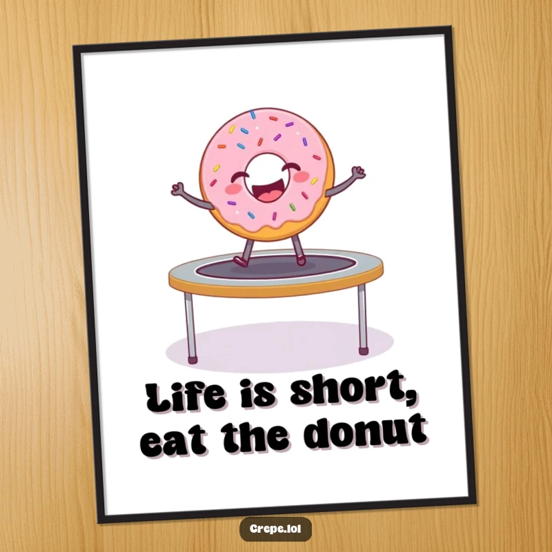 Funny Free Printable Wall Art: A delighted donut with sprinkles bounces energetically on a trampoline, adding playful charm.
