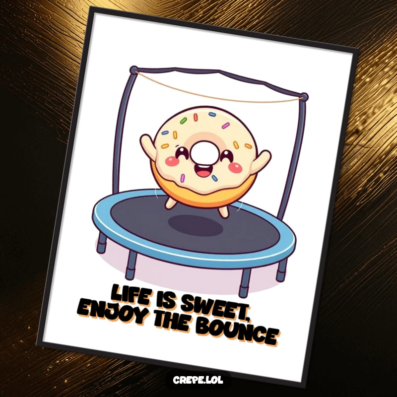 Funny Free Printable Donut Wall Art: A delighted donut with sprinkles bounces energetically on a trampoline, bringing cheer.