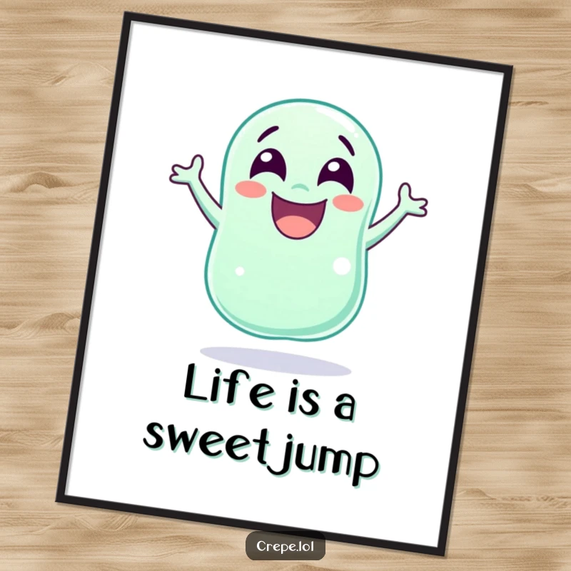 Funny Free Printable Jellybean Wall Art: A laughing jellybean with wide eyes jumps energetically, full of glee.