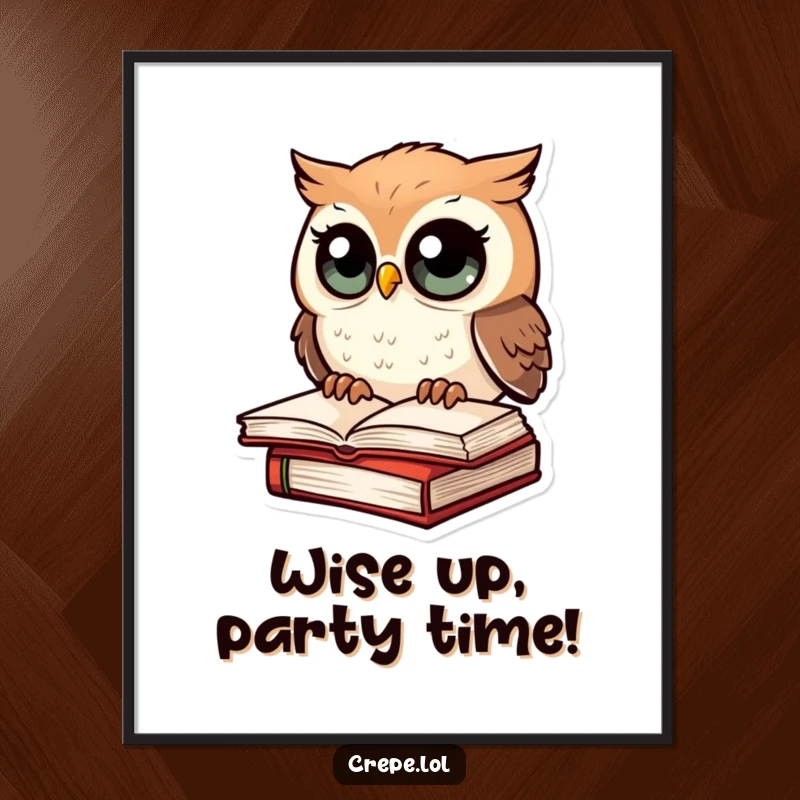Funny Free Printable Wall Art: Amazed owl perched on a book, wide-eyed surprise, whimsical decor, downloadable art.